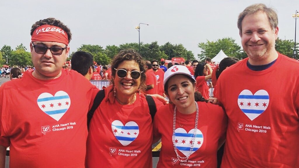 Fintz, third from left, with her family at the Walgreens-sponsored 2019 AHA Heart Walk.