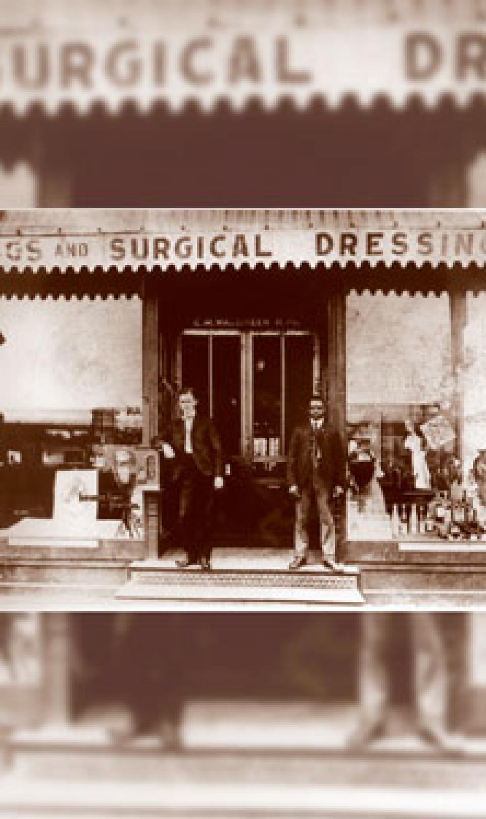 Storefront photograph outside of the first drugstore in Chicago purchased by Charles R. Walgreen Sr.