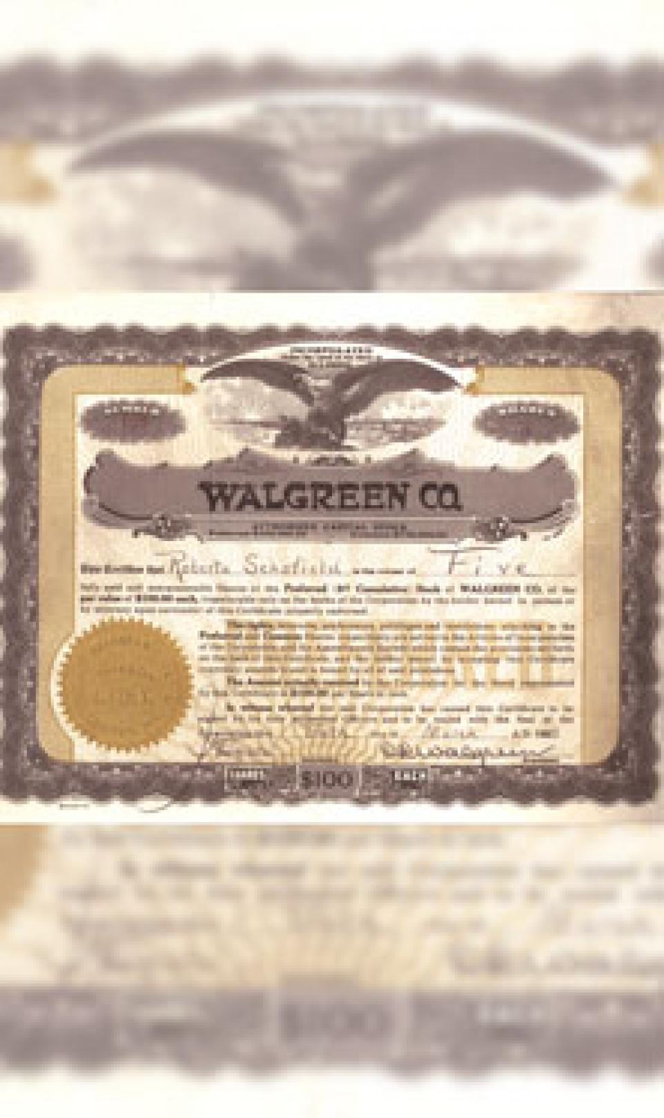 Photo of one of the first Walgreens stock certificates