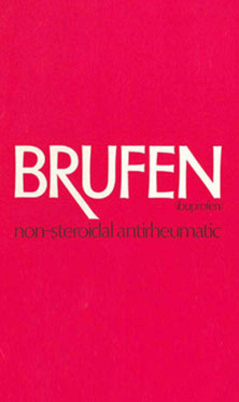 Picture of the red and white Ibuprofen (Brufen) packaging when it first launched in the UK