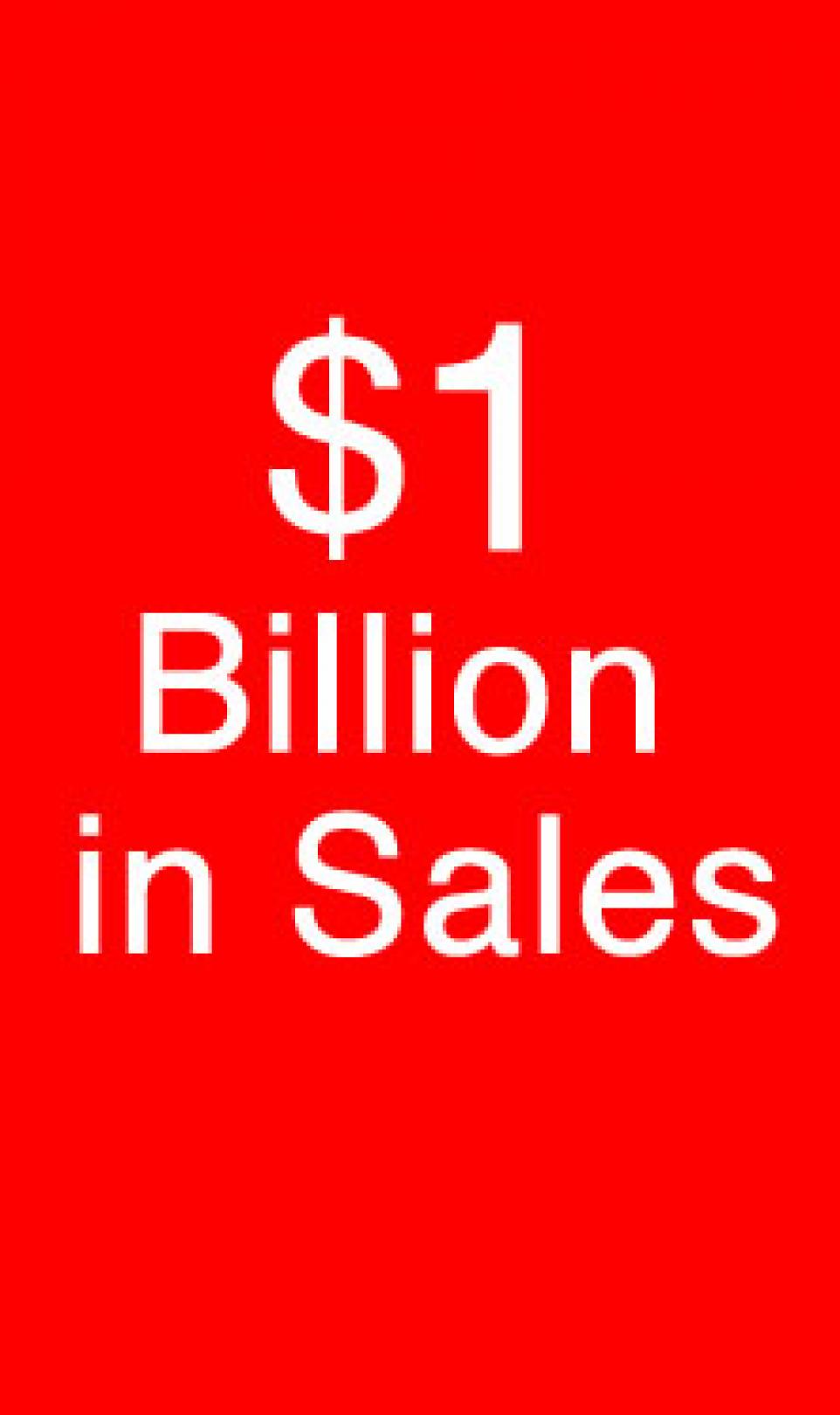 Red poster with "$1 Billion in Sales" in big white letters