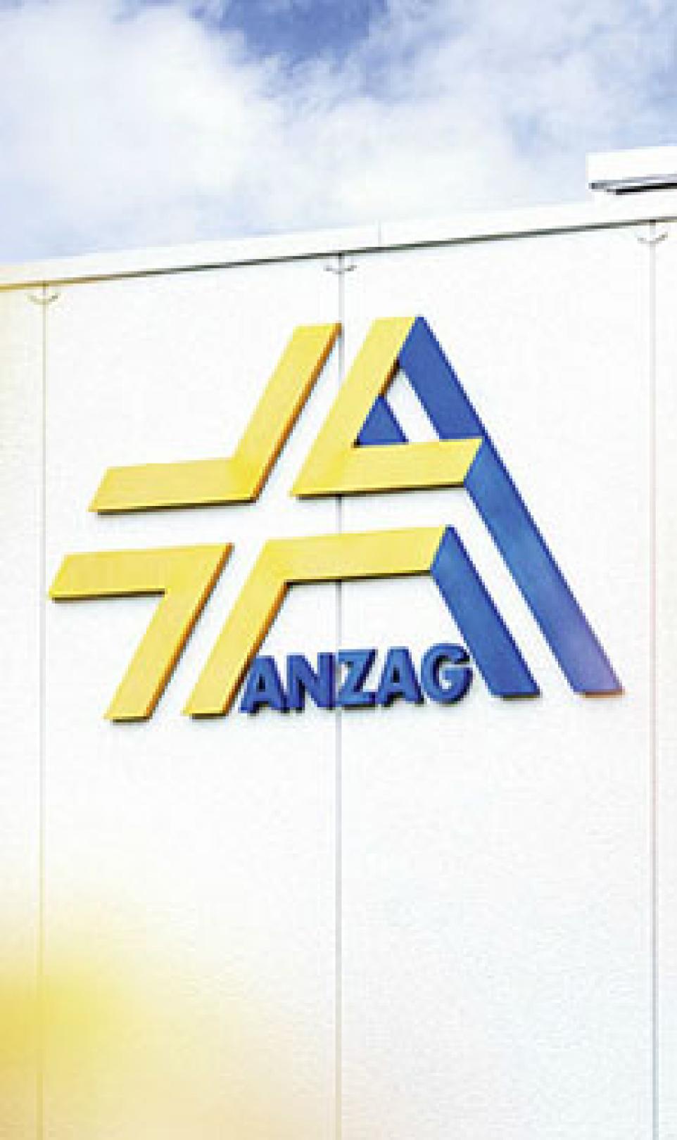 Close-up photograph of the Anzag logo on the headquarters building in Germany
