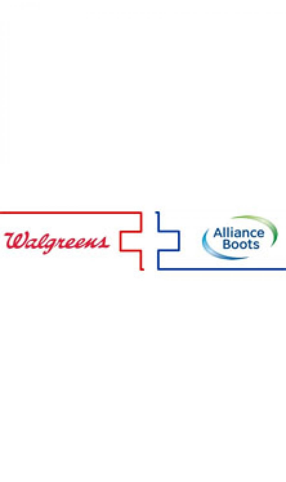 The red Walgreens logo and the blue Alliance Boots logo, pictured side-by-side on a white background