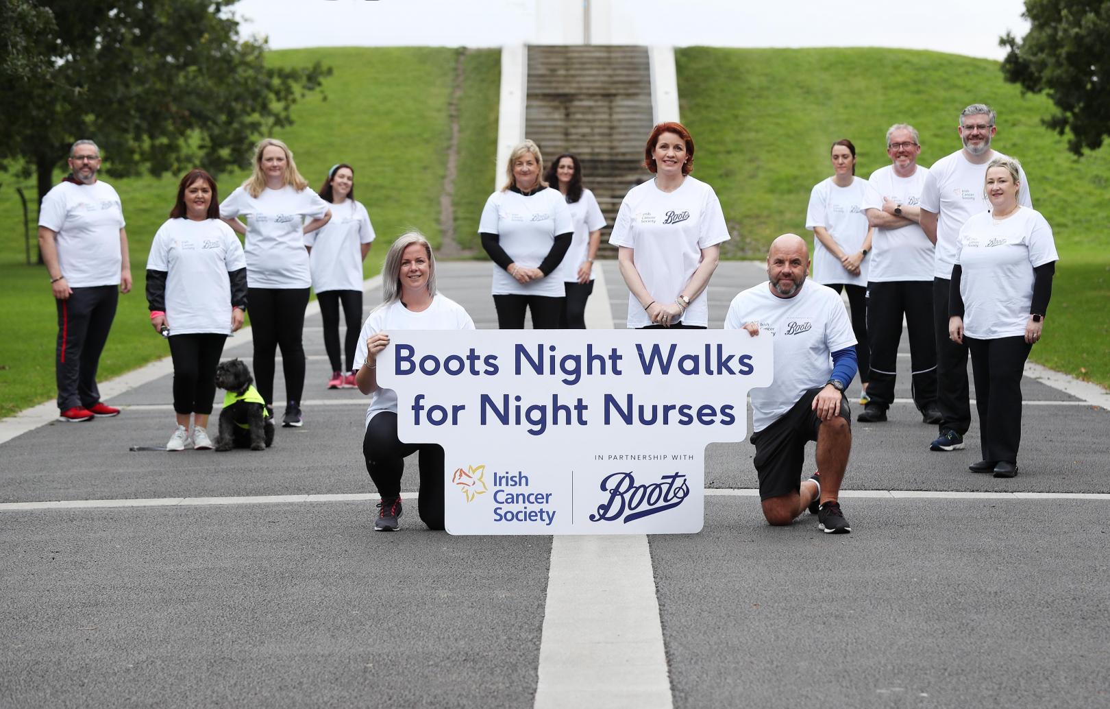 Boots and Irish Cancer Society volunteers holding a sing to promote Boots Night Walks for Night Nurses