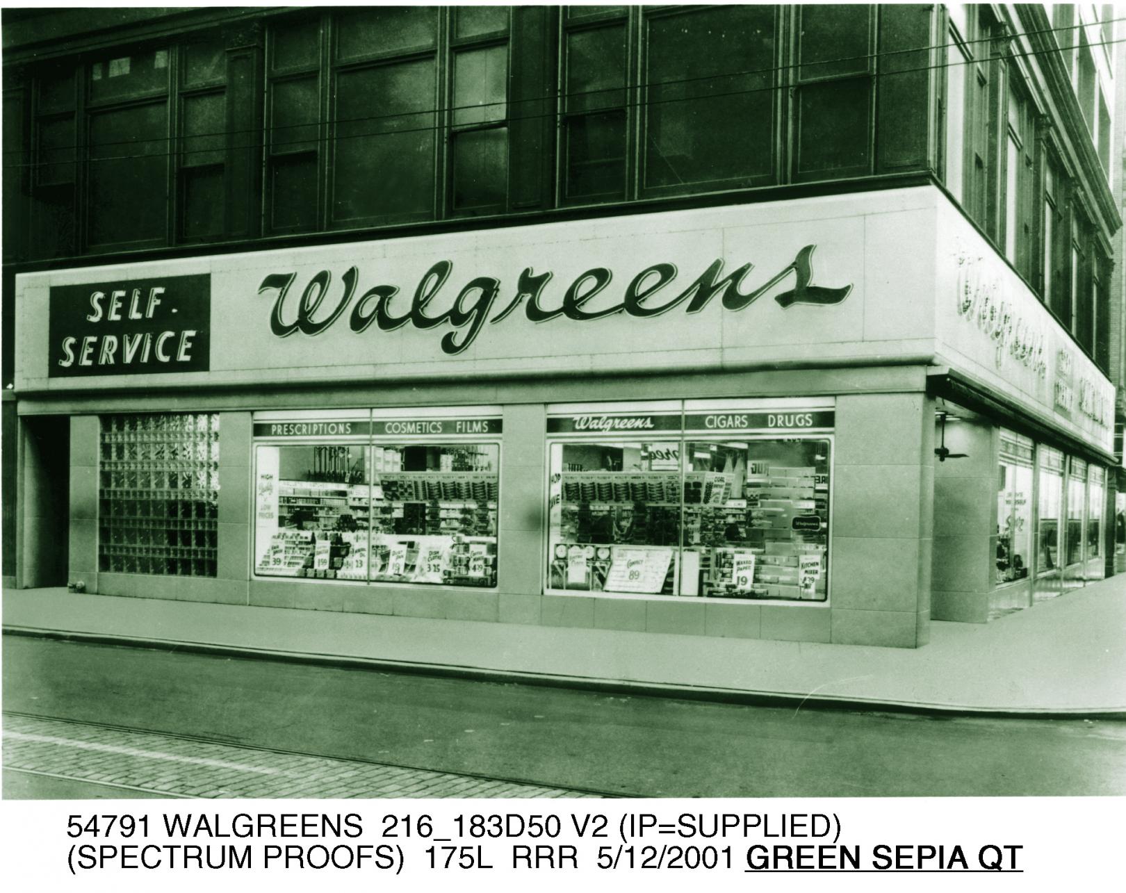 1950: Walgreens begins the transition to self-service stores. Moss Chemists prescription service delivery vans begin operating