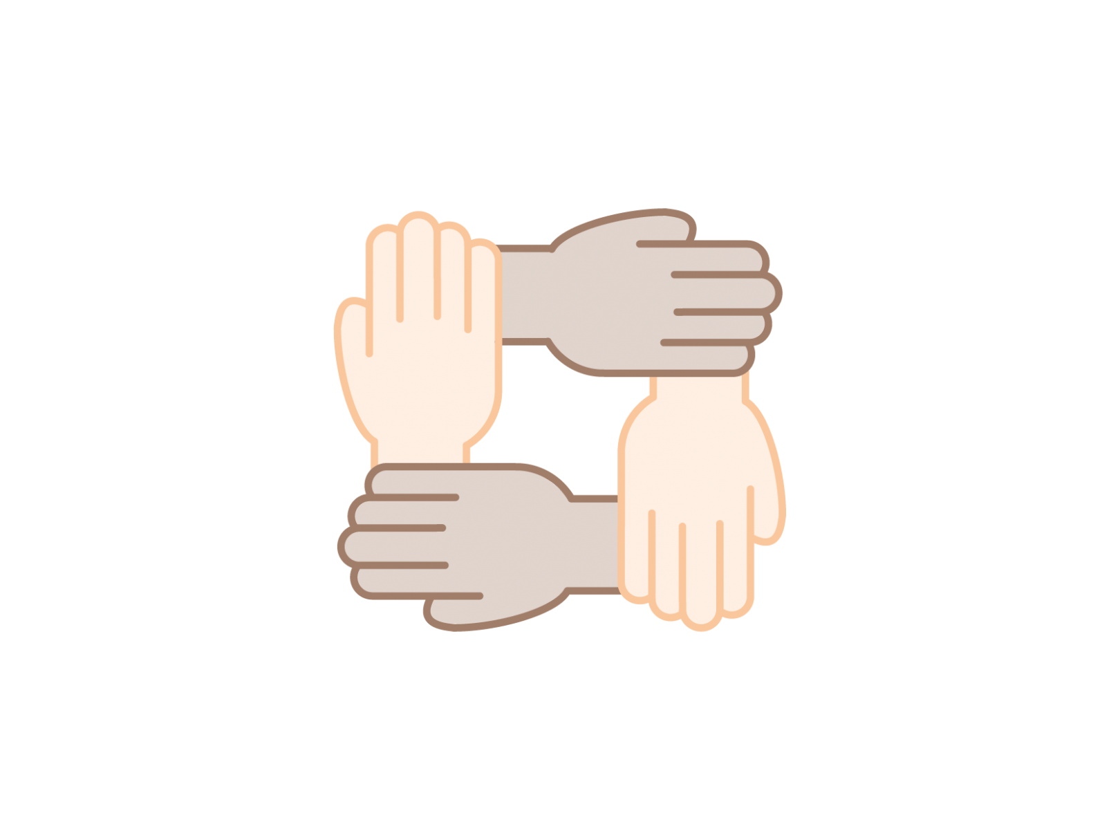Icon representing four hands of different skin tones holding each other