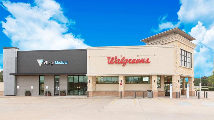 Outside of Walgreens and VillageMD Full-Service Primary Care Clinic