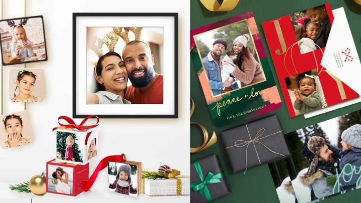 Collage of photo gifts and holiday cards.