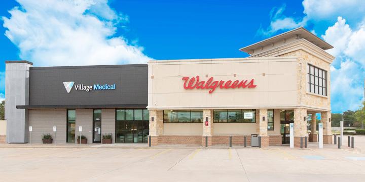 Outside of Walgreens and VillageMD Full-Service Primary Care Clinic