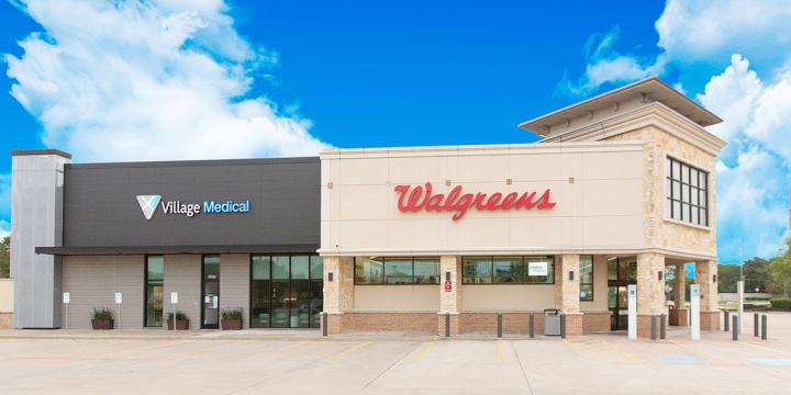 Outside of Walgreens and VillageMD Full-Service Primary Care Clinic