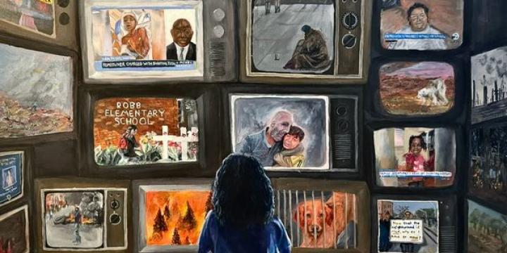 Photo of teen looking at multiple television screens