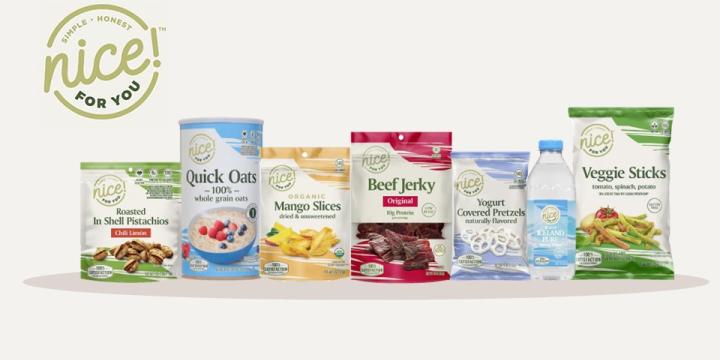 Line-up of Nice! brand food and grocery products