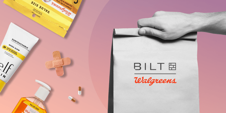Image of shopping bag with Bilt and Walgreens name, showcasing variety of items available for purchase through collaboration