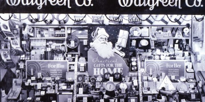 Walgreens holiday window display in the 1940s